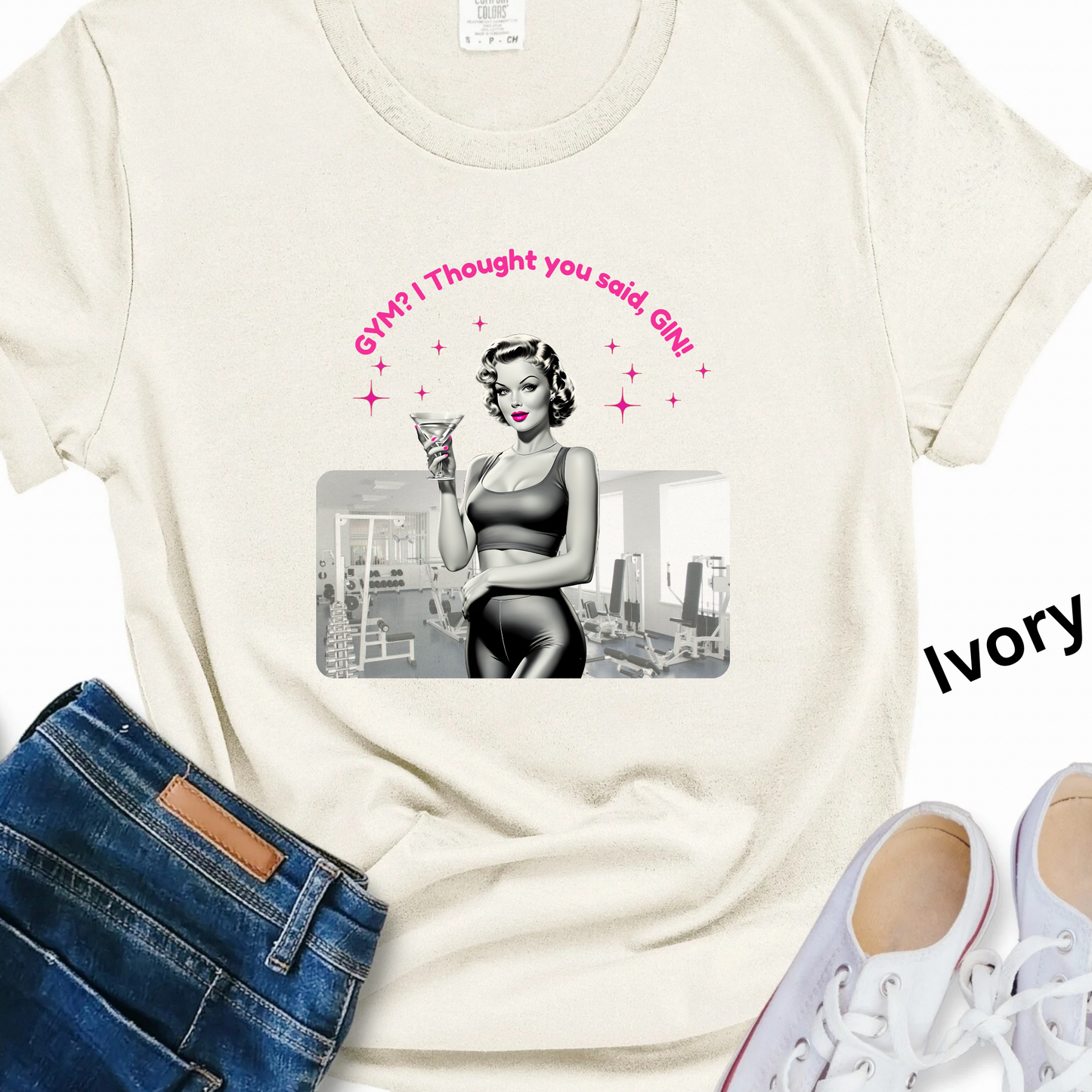 Funny Fitness Shirt with Confused Lady and Martini Glass Design