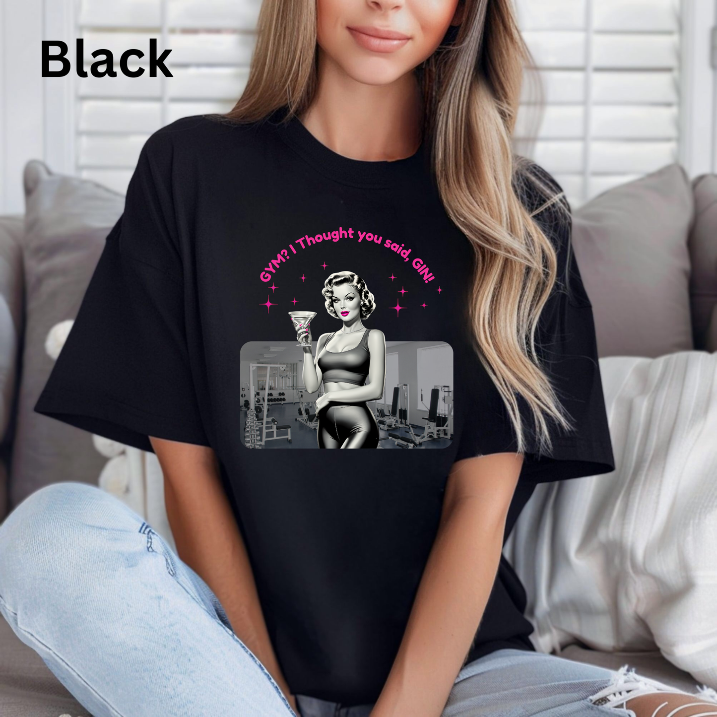 Funny Fitness Shirt with Confused Lady and Martini Glass Design