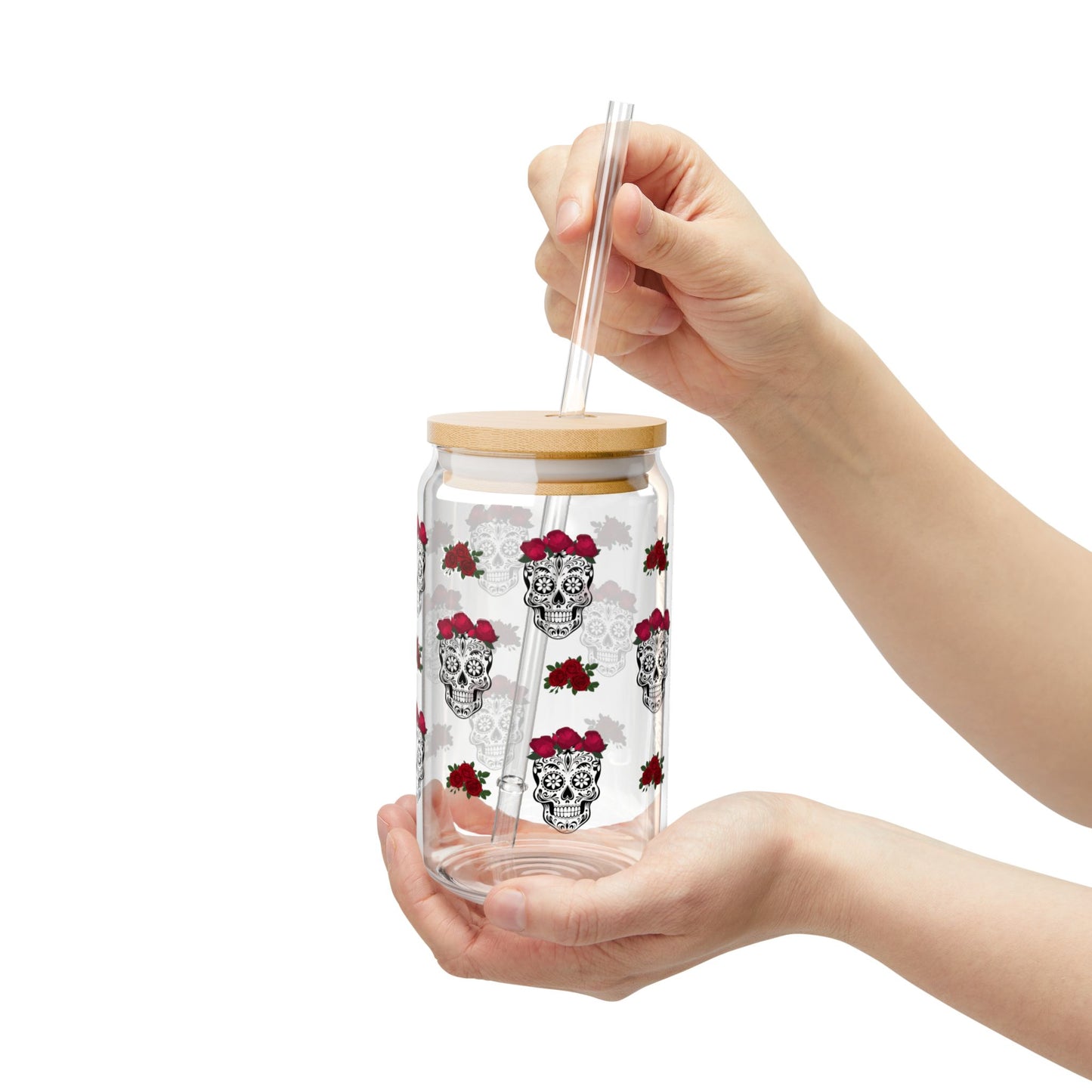 Dia de los Muertos 16 oz Sugar Skull Sipper Glass - Festive Day of the Dead Roses Design
