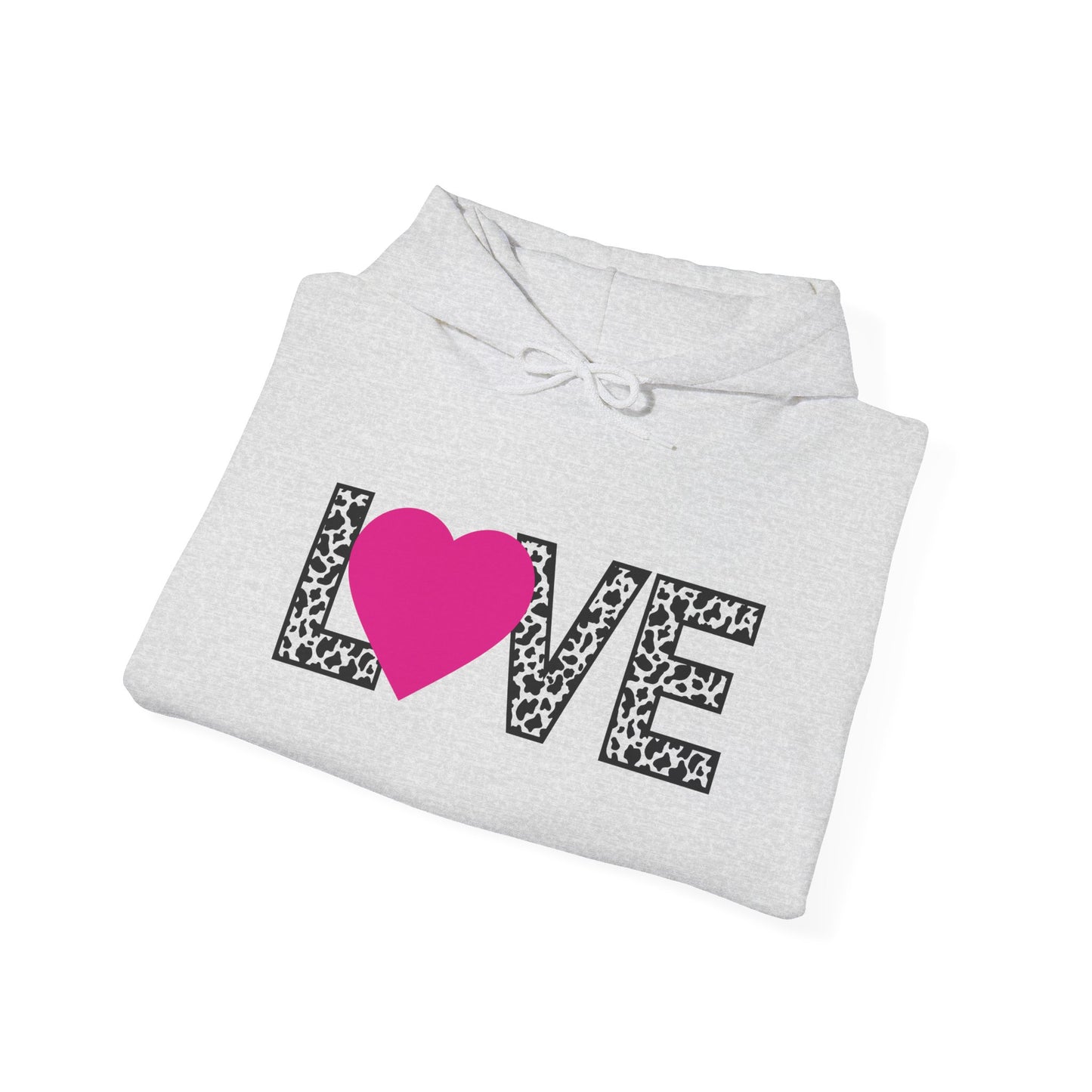 Cow print LOVE Hoodie Sweatshirt, Pink Heart Cow Print Design on Sleeves, Unisex Pullover, Cute Farm Animal Lover Gift, Cow Lover