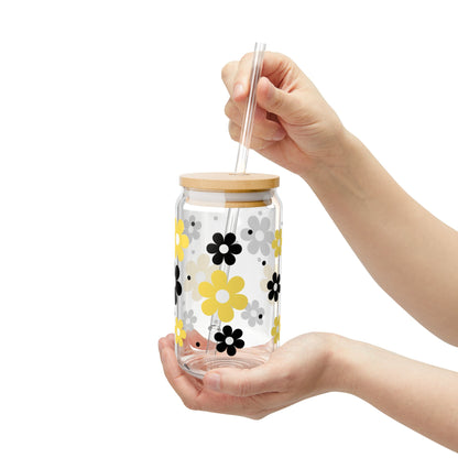 Chic Daisy Sipper Glass - 16oz Yellow and Black Design