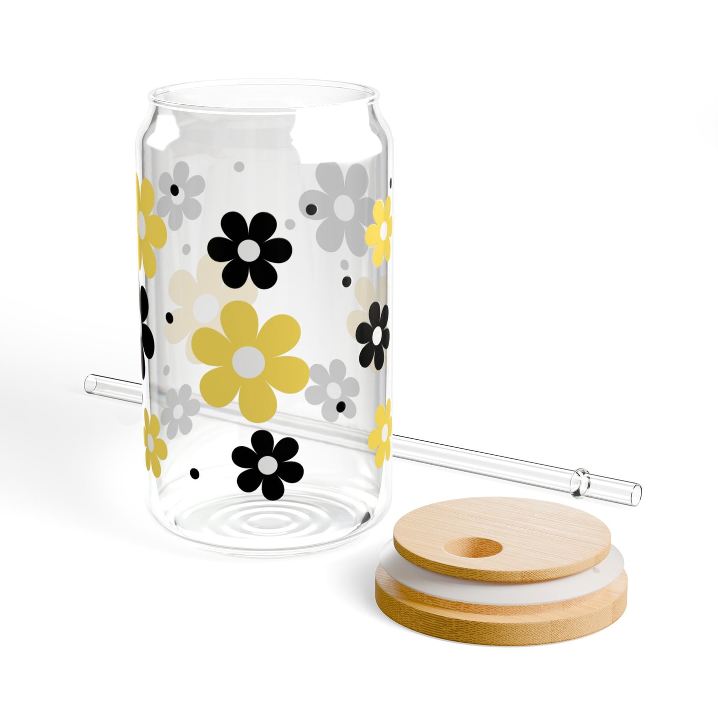 Chic Daisy Sipper Glass - 16oz Yellow and Black Design