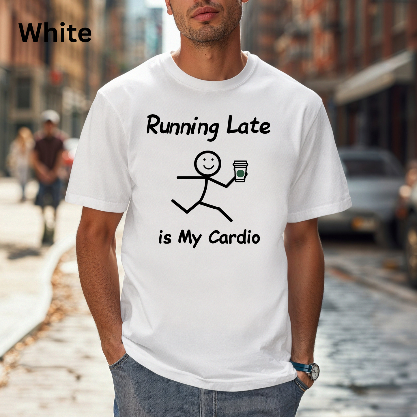 Running Late Humor Tee with Stick Figure Design