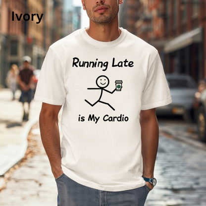 Running Late Humor Tee with Stick Figure Design