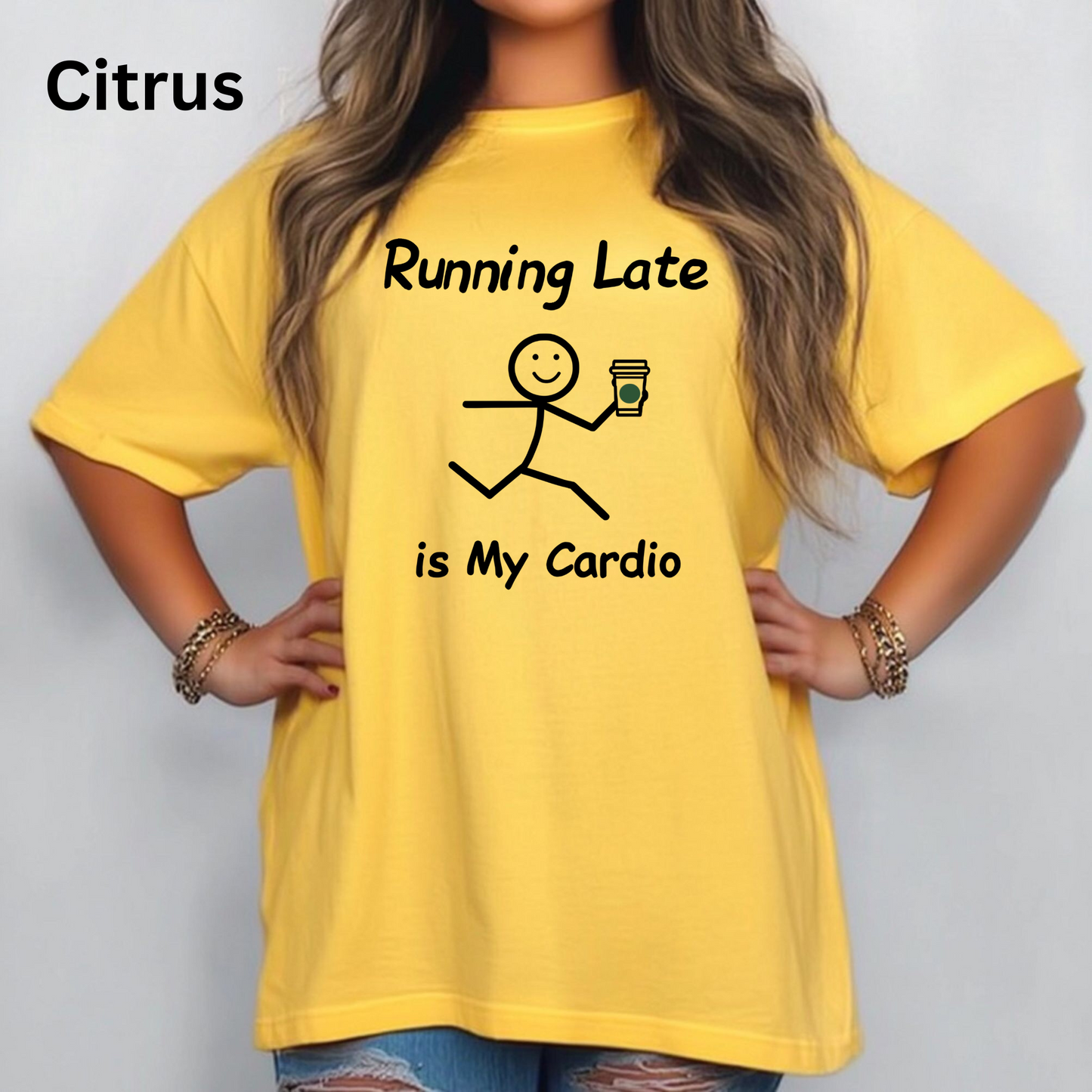 Running Late Humor Tee with Stick Figure Design