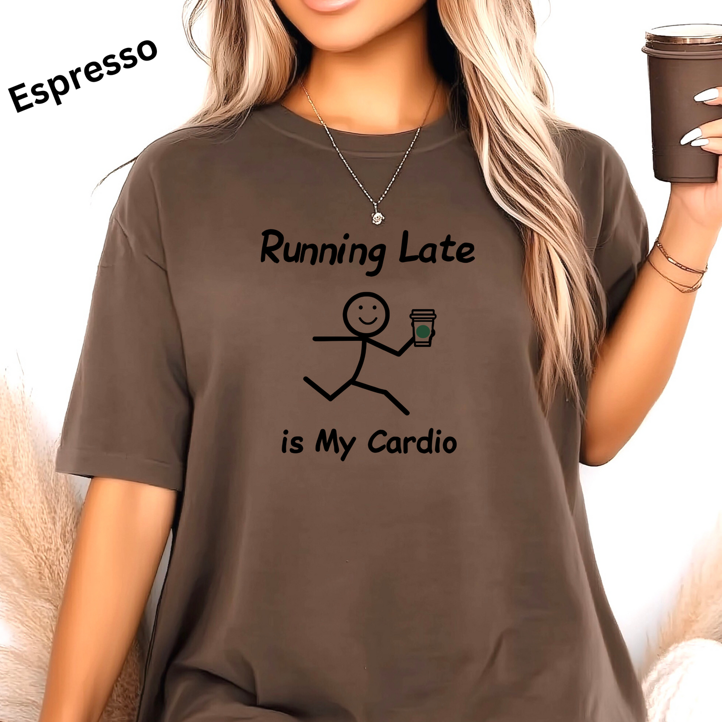 Running Late Humor Tee with Stick Figure Design