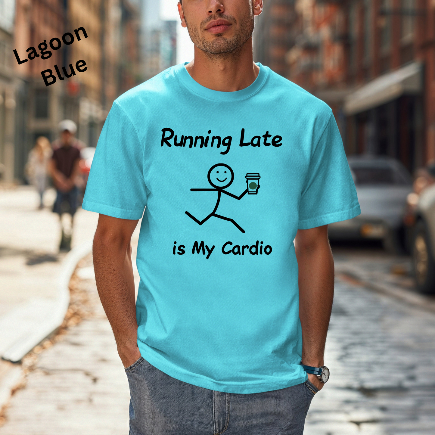 Running Late Humor Tee with Stick Figure Design