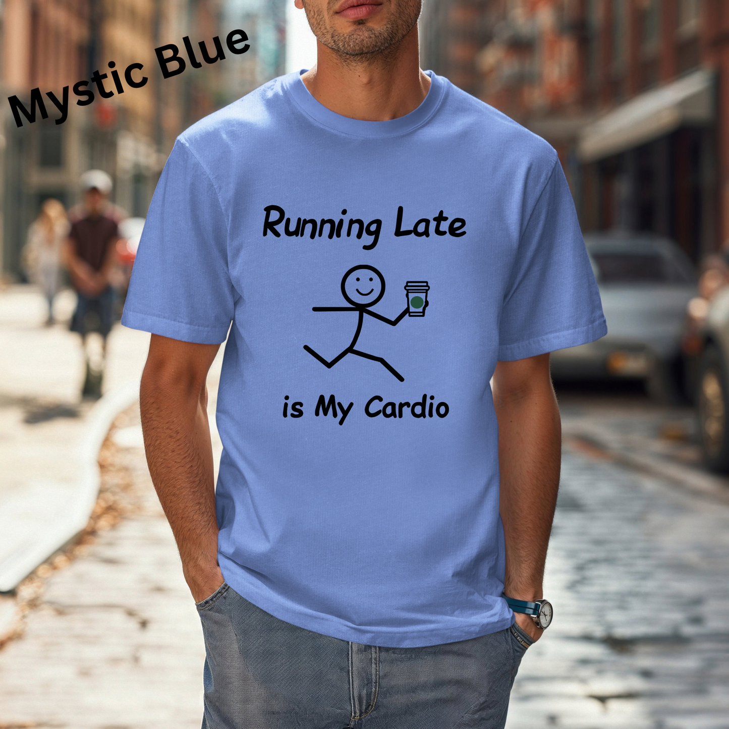 Running Late Humor Tee with Stick Figure Design