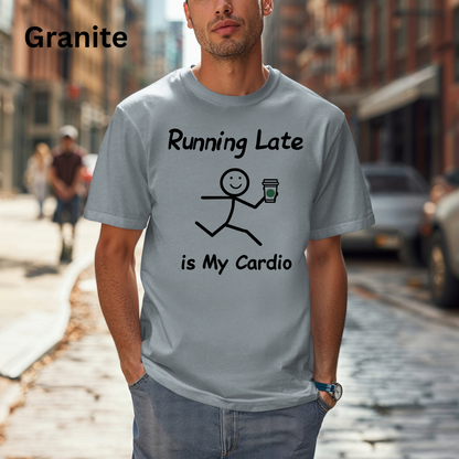 Running Late Humor Tee with Stick Figure Design